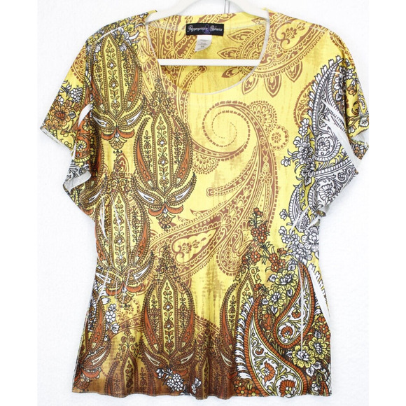 Appropriate Behavior Butterfly Sleeve Damask Print Blouse Women S Yellow Tan - Picture 8 of 8